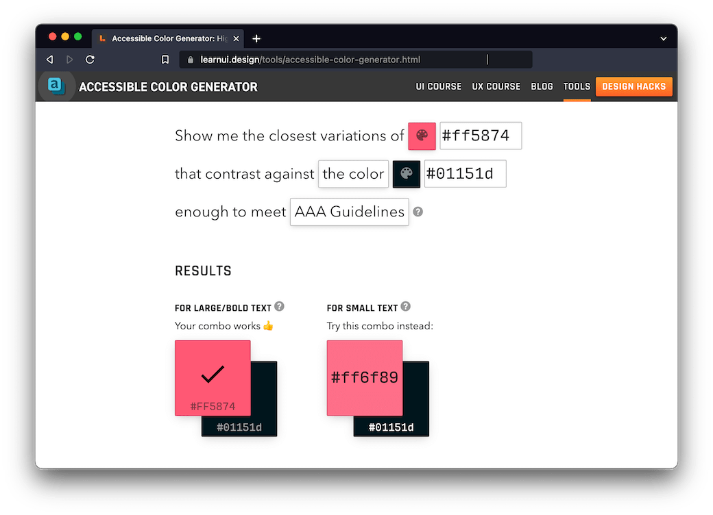 Screenshot of Accessible Color Generator which has three inputs one that reads: Show me the closest variations of blank for the foreground color, the second which reads: that contrast against the color blank for the background color, and the third that reads: enough to meet which can be toggled between AA and AAA Guidelines.